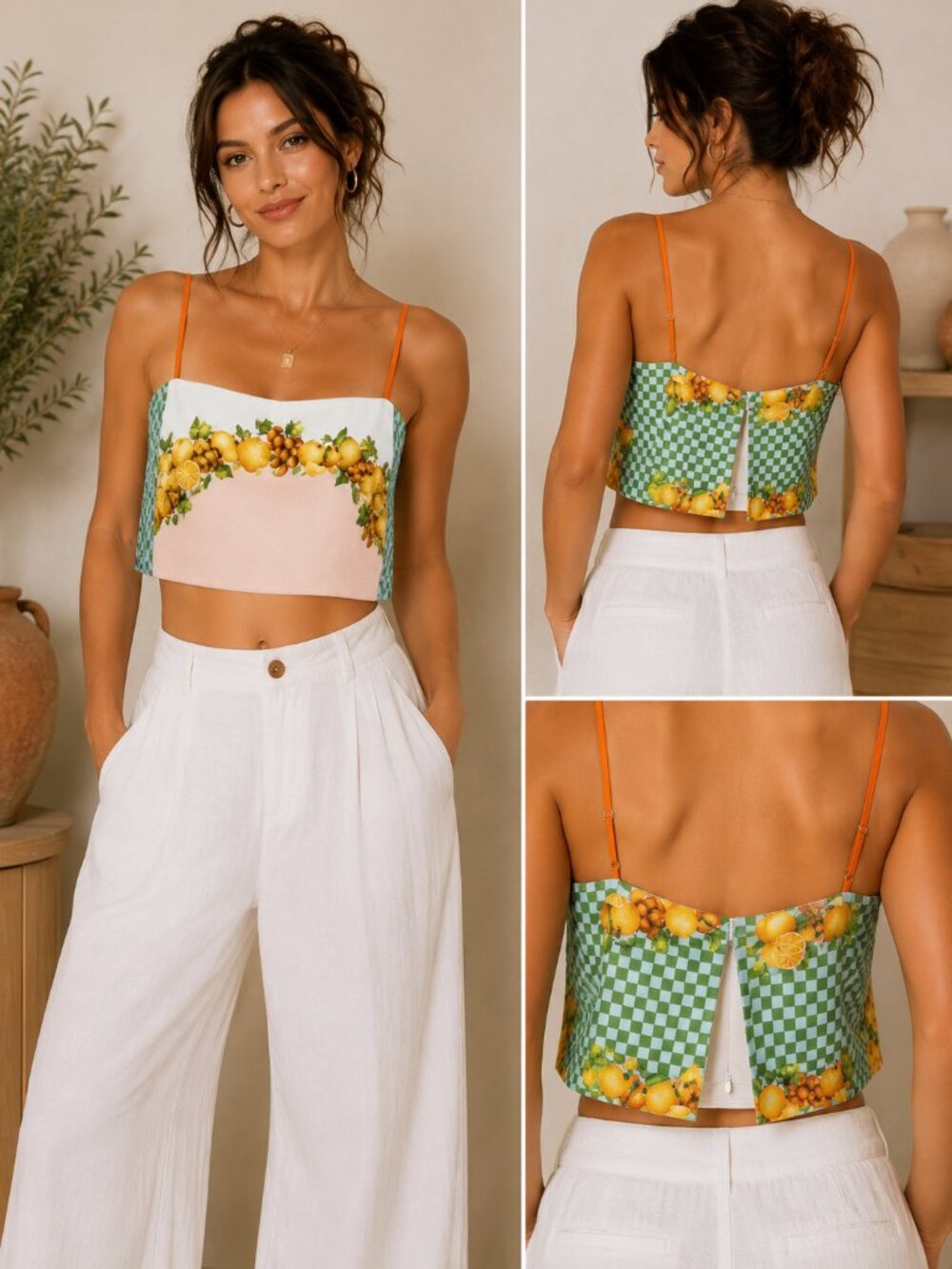 Antonio Melani Fruit Print Linen Blend Crop Cami Top NWT Size 12 | Mediterranean